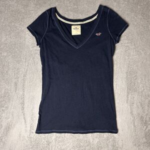 Y2K Hollister Baby Doll Top Size L Vintage Dark Blue Full Length V-Neck ￼￼￼